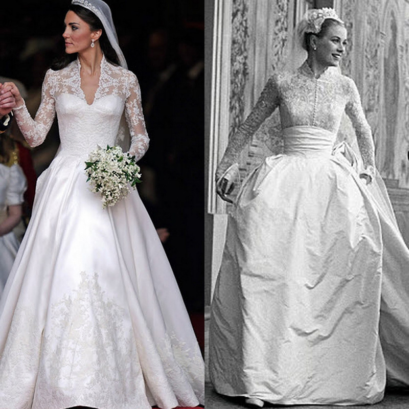 لباس عروس کیت میدلتون تا حدی یادآور لباس گریس کلی با همان آستین های بلند و با همان نوارهای توری است