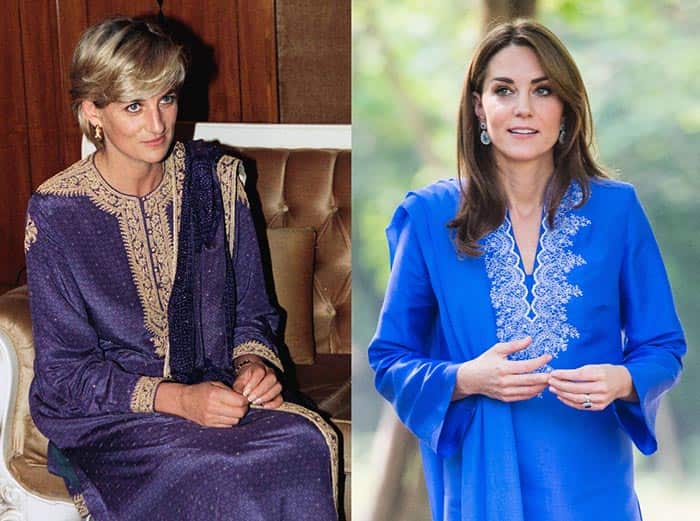 پرنسس دایانا (مادر پرنس چارلز) و عروسش (کیت میدلتون)، دو طرح سنتی از لباس های شرقی به رنگ آبی کلاسیک